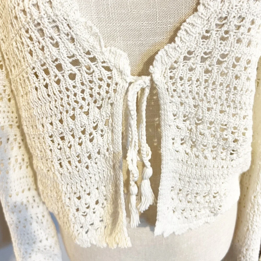 L*Space Golden Hour Cover Up Crochet Top Cream Boho Beach Pool Bell Sleeve XL